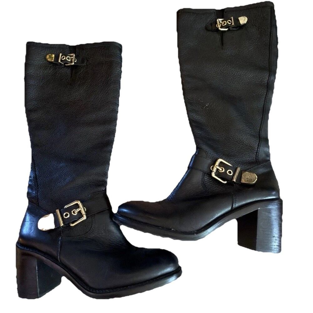 Vince Camuto Bedina 2 Tall Black Leather Boots Gold Logo Wide Calf Size 10B/40